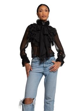 Glory Connection- Addison Sheer Ruffle Cascade High Neck Blouse